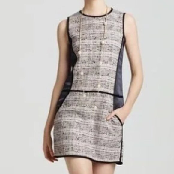 Theory Dress Waldia Alluring Sleeveless Mixed Media Satin Panel Tweed Shift Mini - Picture 2 of 14